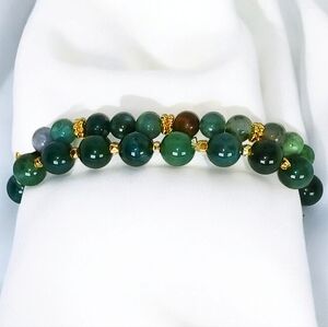 Set of 2 Moss Agate Crystal Beaded Stretch Bracelets Green Brown Gold Y2K 2000s